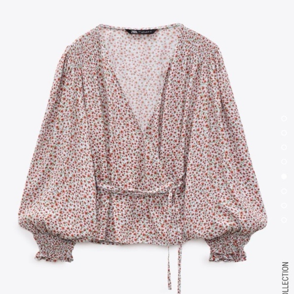 Zara Floral Wrap Top - light blue and red